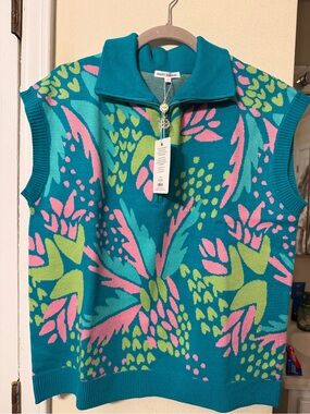 Mary Square Teal Floral Zip-Neck Sweater Vest